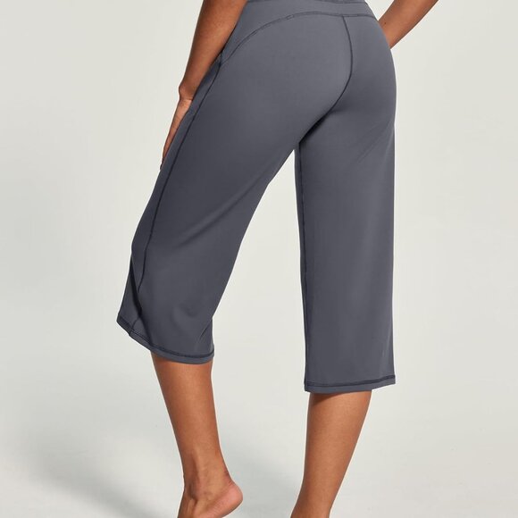 Dark Gray Loose Fit Wide Leg Capri Pants for Women with Pockets, Yoga & Casual W - Picture 2 of 6